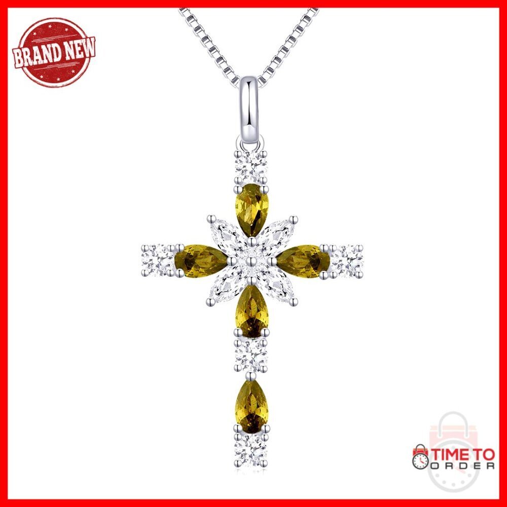 Sterling Silver Cross Necklace with Birthstone, 18 Inch Chain, Religious